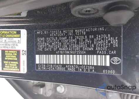 2019 Toyota Camry Se z USA, uszkodzony, nr VIN 4T1B11HK1KU725504
